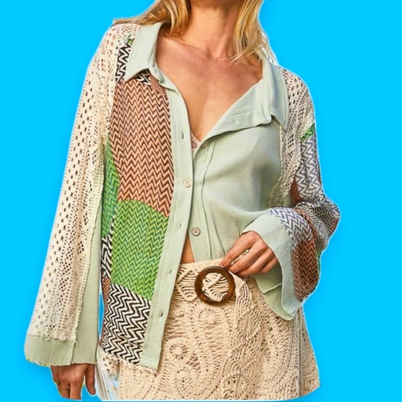 POL Color Block Crochet Long sleeve button down shirt  Oversized Large - Picture 4 of 11